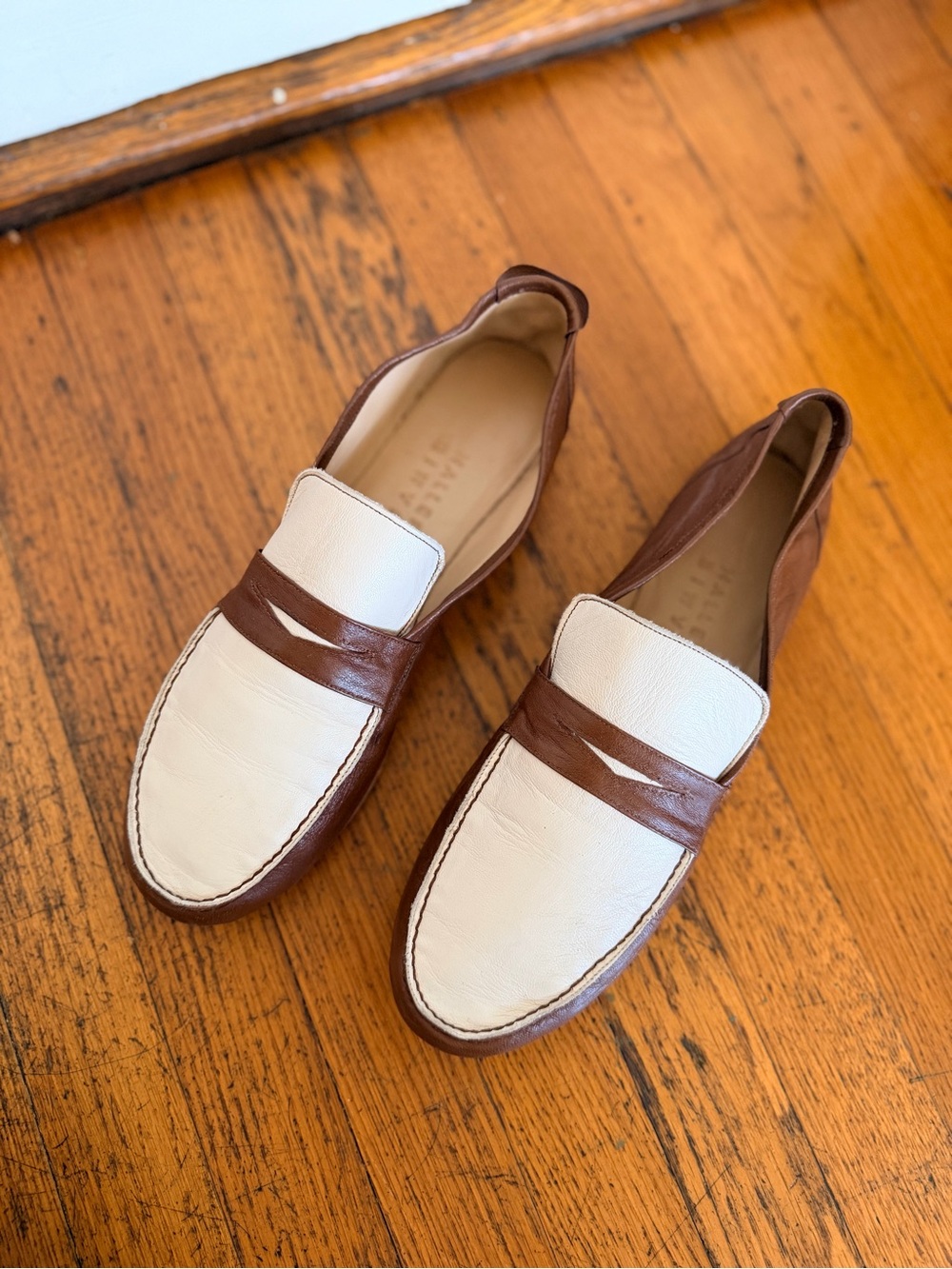 Jamie Haller Two-Tone Brown and Cream Leather Penny Loafers 41